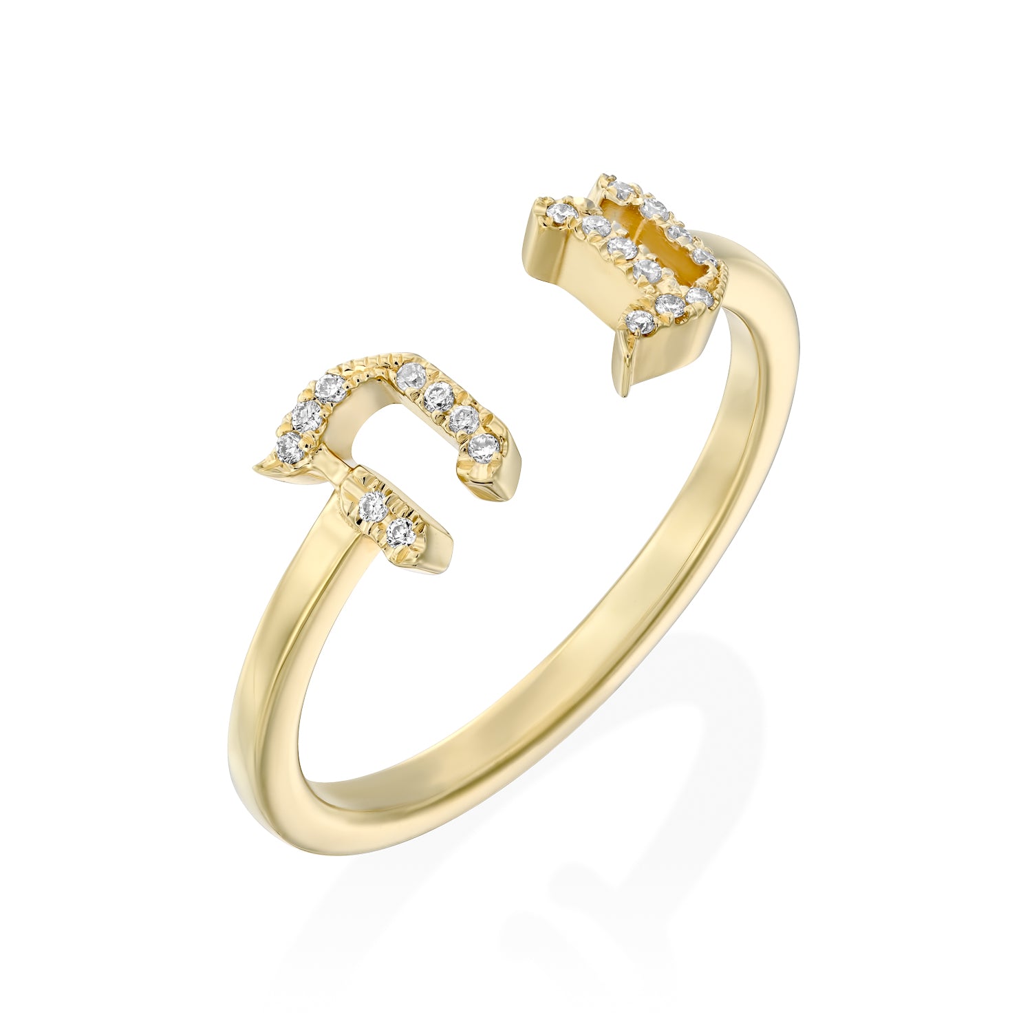 טבעת אותיות פתוחה עם יהלומים לבנים ע'+ה' זהב צהוב 6.5