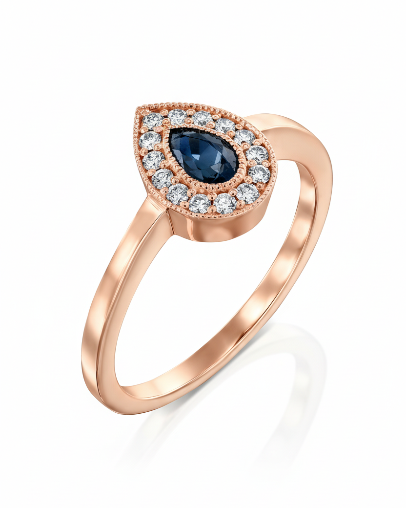 טבעת לונה עם ספיר ויהלומים