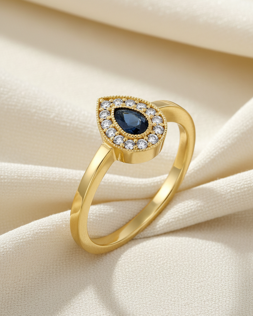 טבעת לונה עם ספיר ויהלומים