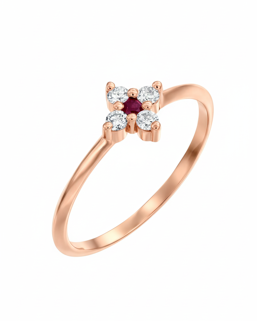 טבעת בת' יהלומים לבנים ורובי