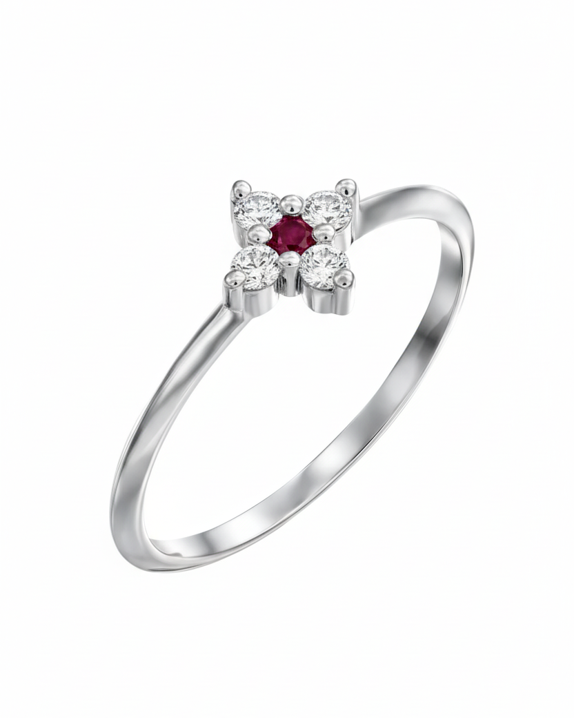 טבעת בת' יהלומים לבנים ורובי