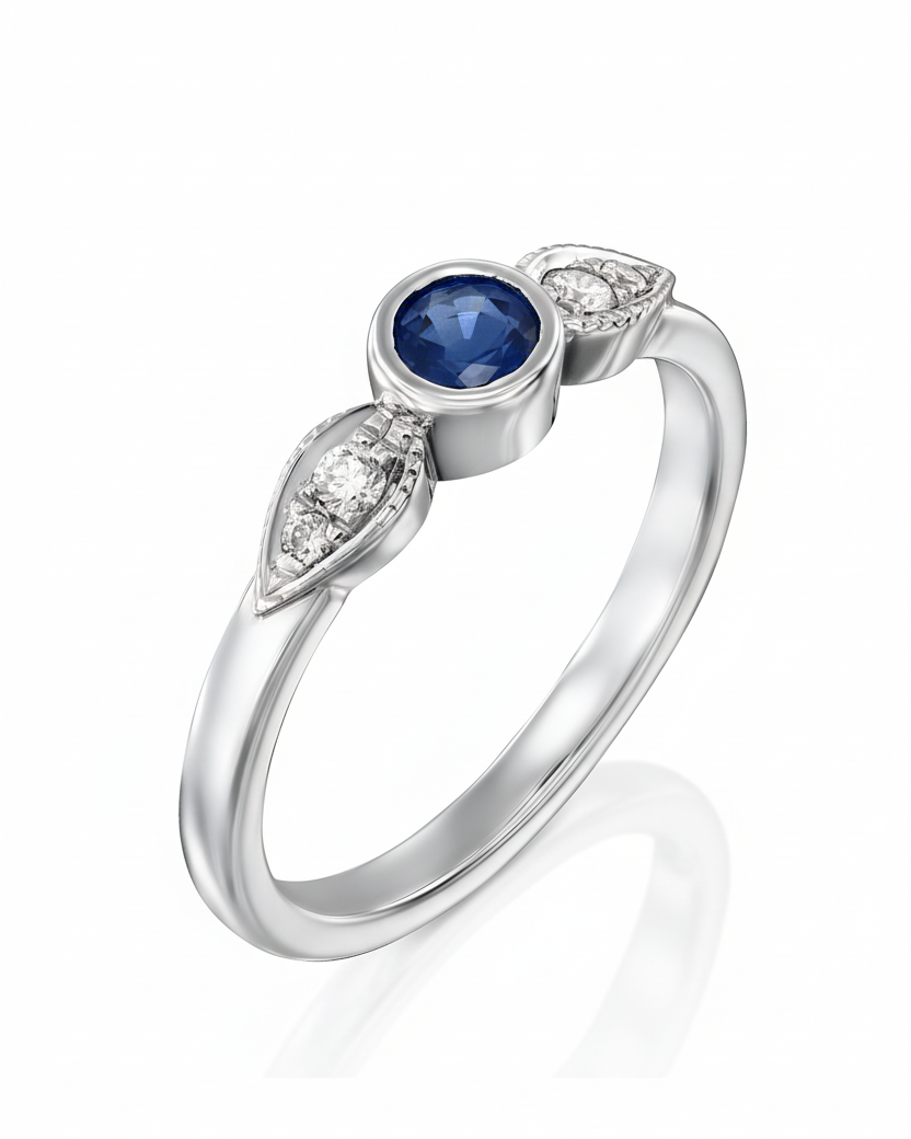 טבעת הלני עם ספיר ויהלומים