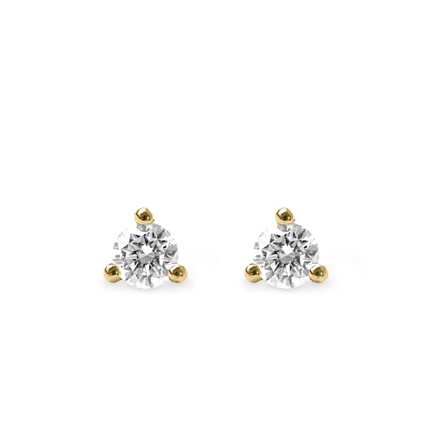 white diamonds 3 prongs yellow gold stud earrings